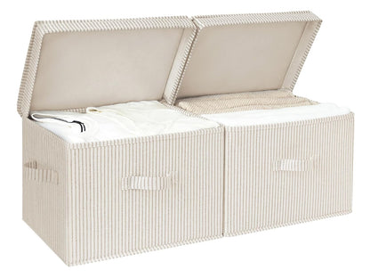 StorageWorks Fabric Storage Bins with Lid, Decorative Storage Boxes for Shelves, Stackable Closet Organizer Basket with Handles, Large, Khaki and Beige Stripes, 2-Pack