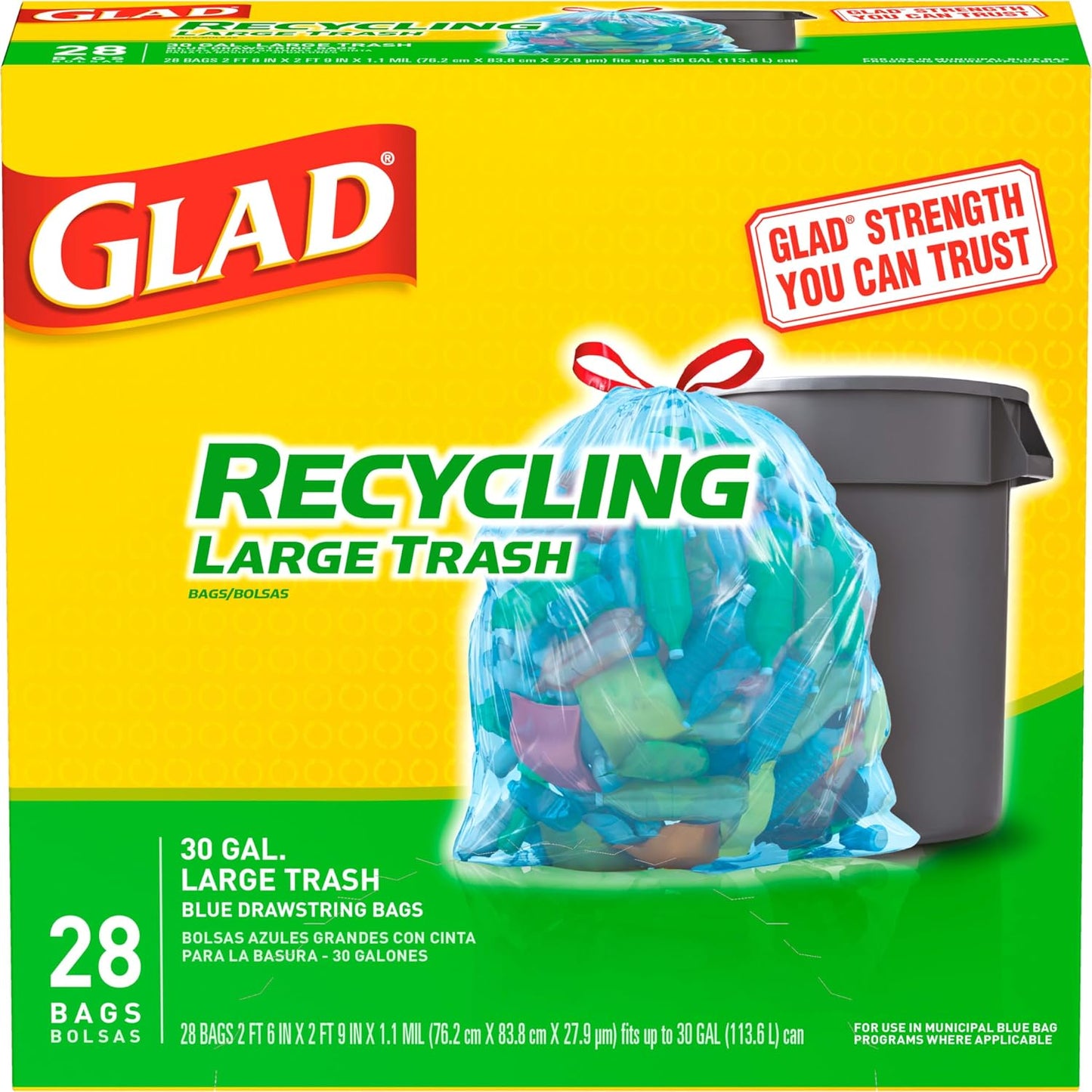 Glad Trash Bags, Large Drawstring Garbage Bags, 30 Gallon Blue Trash Bags for Large Kitchen Trash Can or Recycling, 28 Count - Packaging May Vary