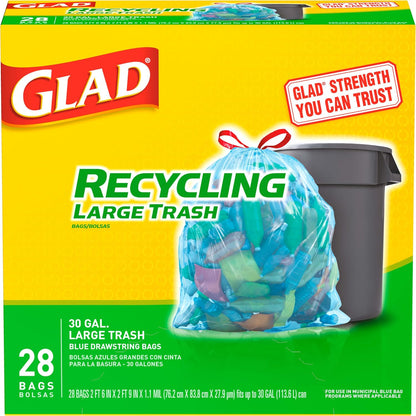 Glad Trash Bags, Large Drawstring Garbage Bags, 30 Gallon Blue Trash Bags for Large Kitchen Trash Can or Recycling, 28 Count - Packaging May Vary