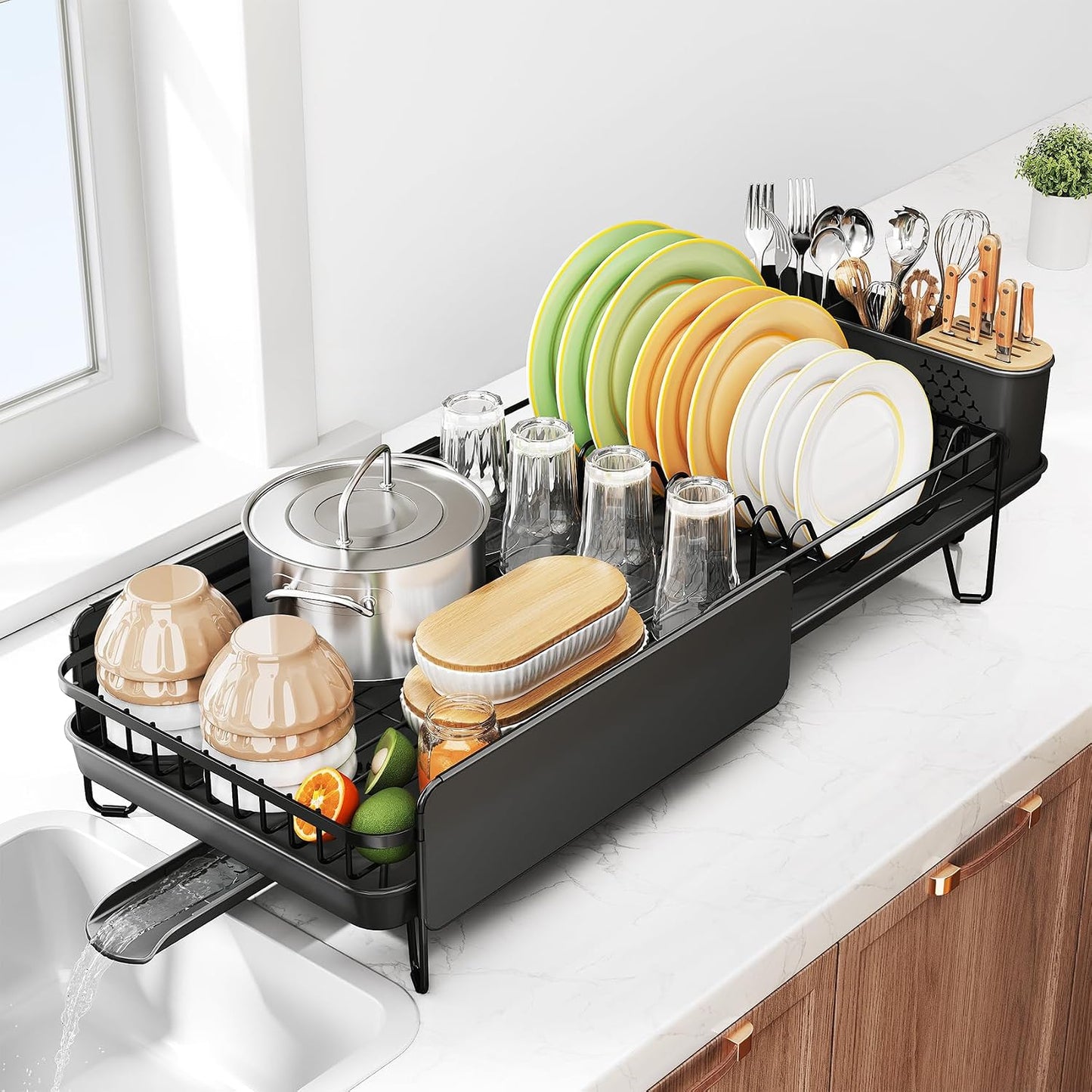 SNTD Large Dish Drying Rack for Kitchen Counter, Expandable, Black | Stainless Steel Dish Drainer, Adjustable Length 18.9''-29.3'', Automatic Drainage, 360° Spout, Cutlery Holder with Knife Slot