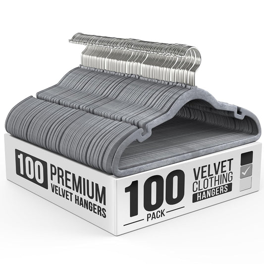 100 Pack Velvet Hanger for Shirt Pants Dresses Skirts Suits Jackets - Slim Space Saving Design - Standard Coat Hanger - Sturdy & Durable Design with Shoulder Grooves Hook