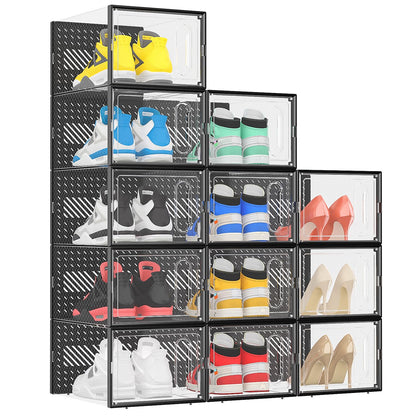 X-Large Shoe Boxes with Magnetic Door, 12-Pack Stackable Shoes Storage Organizer for Closet, Clear Plastic Sneaker Container Shoe Rack for Size 12, Black