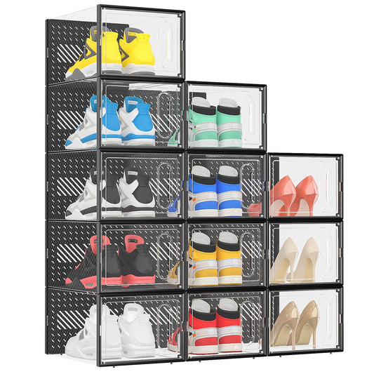 X-Large Shoe Boxes with Magnetic Door, 12-Pack Stackable Shoes Storage Organizer for Closet, Clear Plastic Sneaker Container Shoe Rack for Size 12, Black