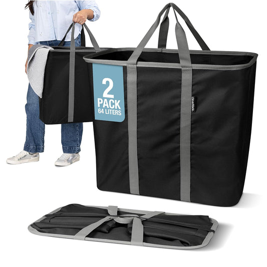 CleverMade Collapsible Laundry Caddy, 64L Pop-Up Hamper, 2 Pack, Black Gray | Move 2 Full Loads Without Spills | Reinforced Rim and Base Stay Upright, While Soft Handles Ease Trips to the Washer