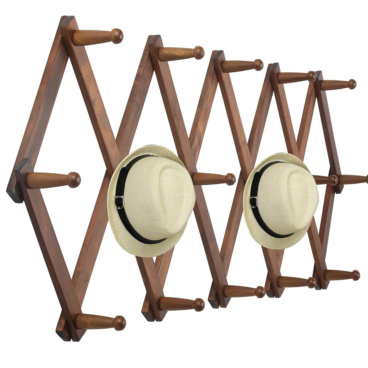 WEBI Accordion Wall Hanger, Wooden Coat Rack Wall Mounted, Hat & Cap Hook Rack, 16 Peg Hooks, Walnut Color