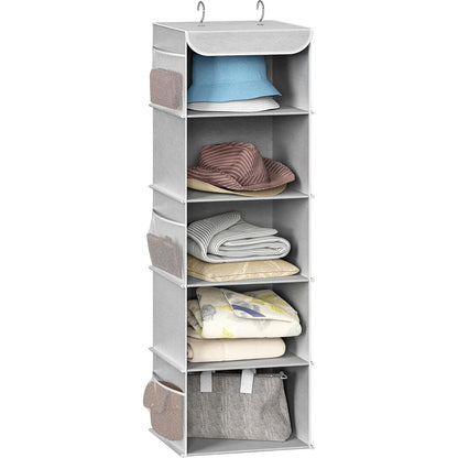 Simple Houseware 5 Shelf Hanging Closet Organizer, Gray | 360° Rotating Dual Hooks, Top Support Metal Frame, 6 Side Mesh Pockets