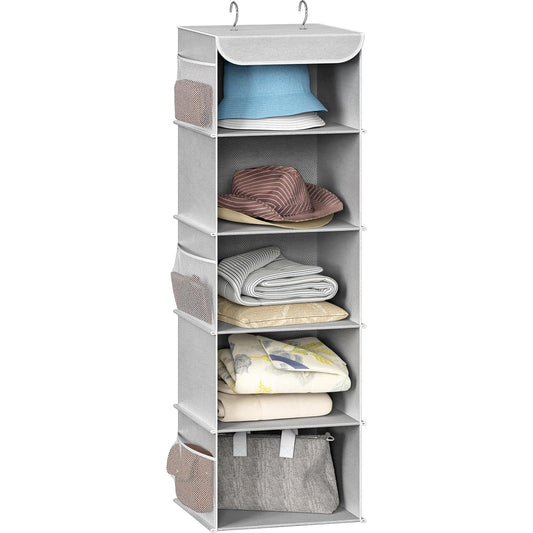 Simple Houseware 5 Shelf Hanging Closet Organizer, Gray | 360° Rotating Dual Hooks, Top Support Metal Frame, 6 Side Mesh Pockets