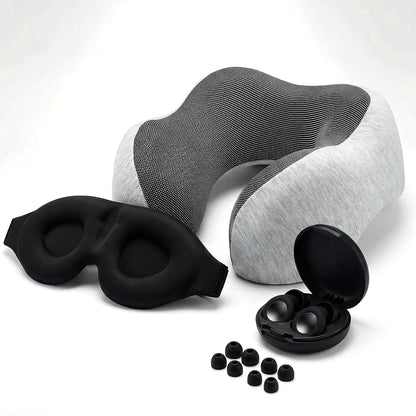 Must-Have Travel Kit Memory Foam Neck Pillow with Adjustable Fit & Removable Cover, 3D Contoured Sleep Mask, Reusable Noise-Reducing Earplugs & Storage Bag, Perfect Travel Essentials Set