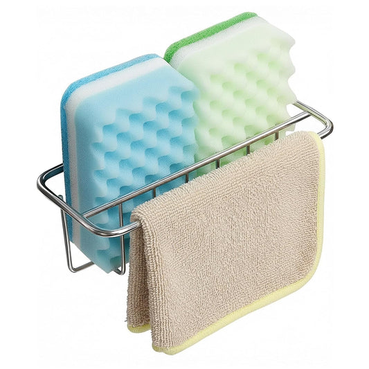 KESOL Adhesive Kitchen Sink Sponge Holder, 2-in-1 Kitchen Sink Caddy Silver | Dish Cloth Hanger, Soap Holder, 304 Stainless Steel Rust Proof, In Sink sponge holder, Water Proof, No Drilling