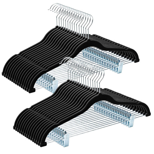 HOUSE DAY Velvet Pant Hangers with Adjudtable Clips 30 Pack, Black | Non Slip Suit Organizer with 360° Hook, Heavy Duty Hanger for Pants, Skirts, Shorts, Outfit Hangers All-Season Space Saver