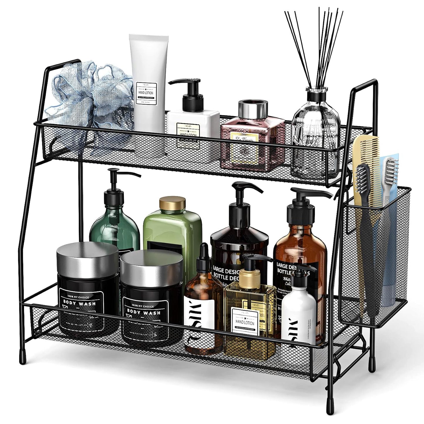 Bathroom Organizer Countertop, Spice Rack Organizer for Cabinet,Black | 2-Tier Bathroom Counter Organizer,Vanity Organizer Corner Shelf with Small Basket for Sink,Kitchen,Bedroom,Living room,Office