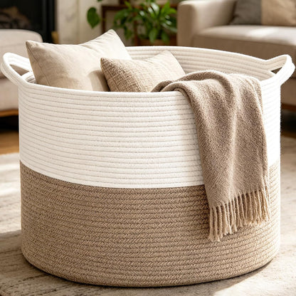 Large Woven Blanket Basket,65L Cotton Rope Laundry Basket | Collapsible Nursery Storage Bin with Sturdy Handles for Clothes, Toys, Pillows, Living Room Bedroom Bathroom - White & Brown
