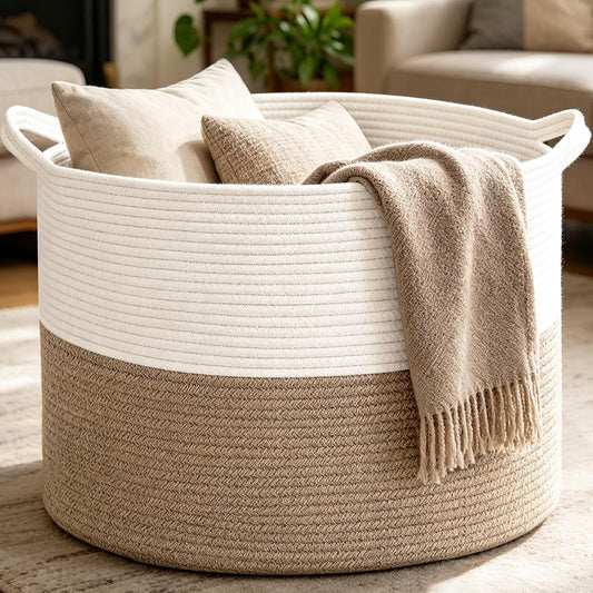 Large Woven Blanket Basket,65L Cotton Rope Laundry Basket | Collapsible Nursery Storage Bin with Sturdy Handles for Clothes, Toys, Pillows, Living Room Bedroom Bathroom - White & Brown