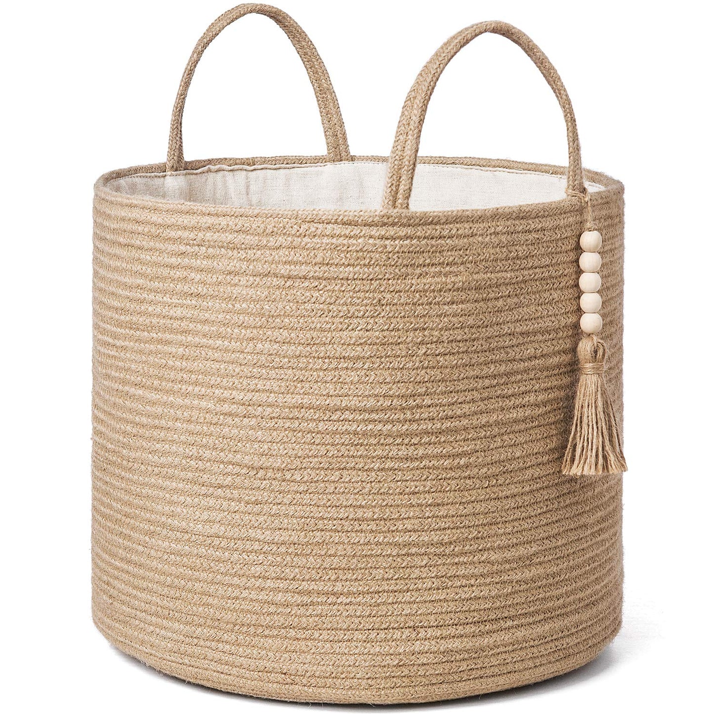 Mkono Woven Storage Basket for Blanket, Toys Plant Organizer, 16"W x 13.8"L | Brown, Jute, Decorative Basket with Handle, Wood Beads Tassel, Shoes Towel Clothes Storage Bin, Living Room Bedroom Nursery