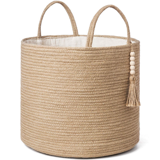 Mkono Woven Storage Basket for Blanket, Toys Plant Organizer, 16"W x 13.8"L | Brown, Jute, Decorative Basket with Handle, Wood Beads Tassel, Shoes Towel Clothes Storage Bin, Living Room Bedroom Nursery