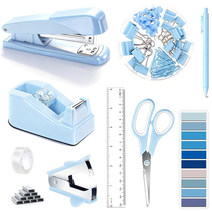 Blue Desk Accessories, Blue Office Supplies Accessories with Tape Dispenser, Stapler, Staple Remover, 1000 Staples, Tape, Clips Set, Ruler, Scissor, Pen