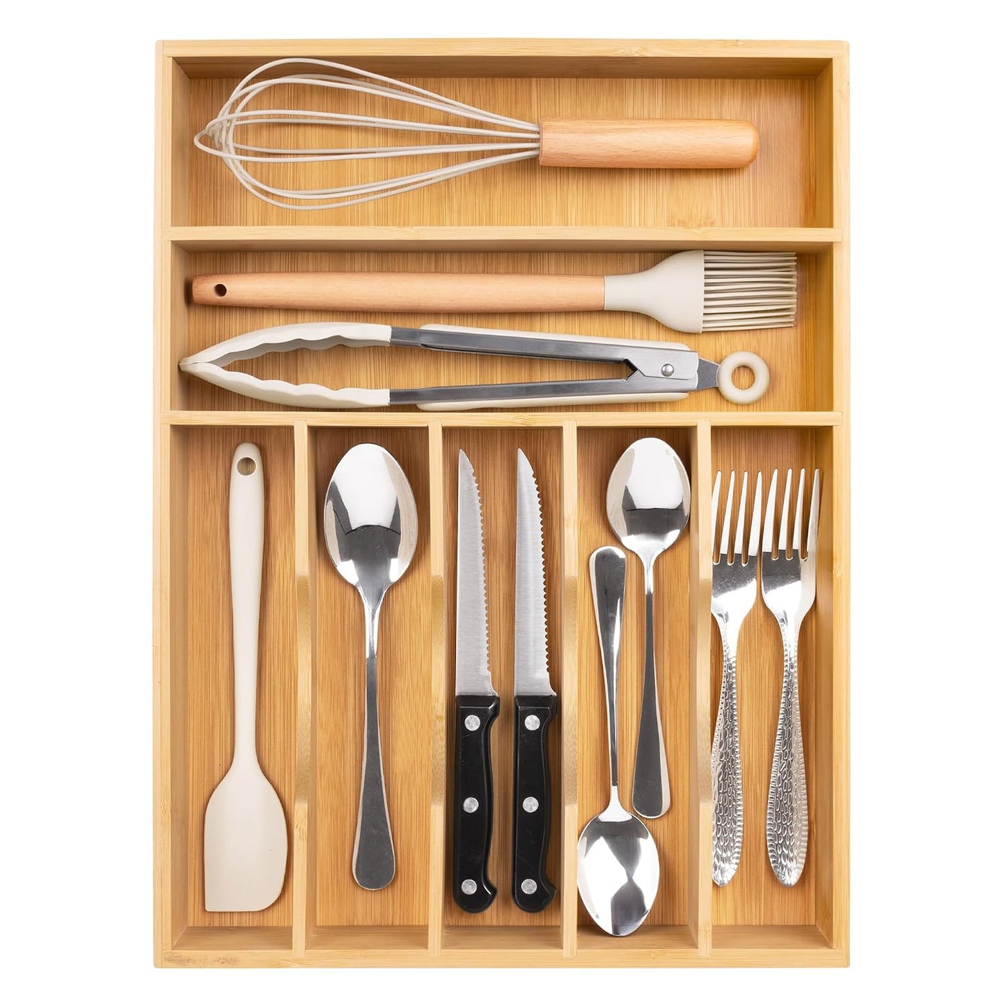 Utensil Organizer 13'' Silverware Drawer Organizer Cutlery Kitchen Bamboo | Natural Bamboo, 7 Compartment, Durable, Small Narrow Organizer, Silverware Tray, Utensil Holder, Silverware Drawer Organizer