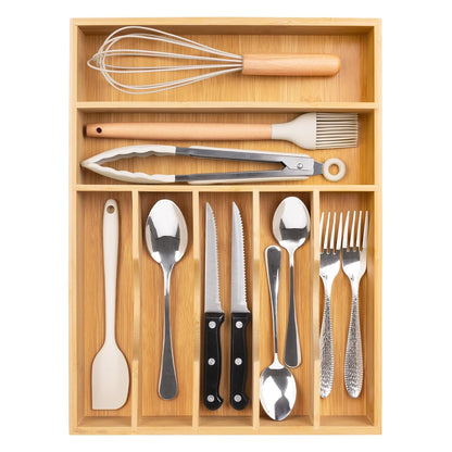 Utensil Organizer 13'' Silverware Drawer Organizer Cutlery Kitchen Bamboo | Natural Bamboo, 7 Compartment, Durable, Small Narrow Organizer, Silverware Tray, Utensil Holder, Silverware Drawer Organizer