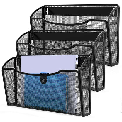 MINDEPOT Wall File Organizer, Hanging Wall File Holder, 3 Pack, Black | Heavy Duty Iron, Metal Mesh Wall Mount, Single Pocket, Mail Organizer, for Office School Classroom Home, Letter A4 Size