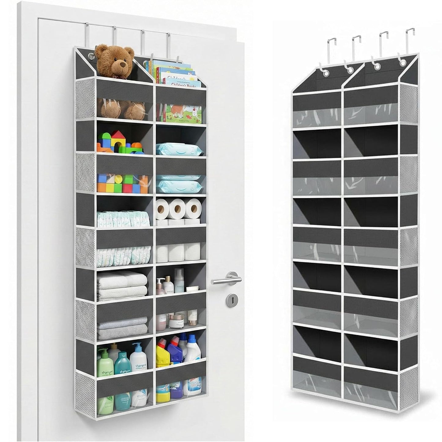Over the Door Organizer, 10-Pocket Heavy Duty Hanging Storage Bag | 600D Oxford hanging door organizer with 10 front pockets, 10 side mesh pockets, four silicone-padded hooks and 80 lb capacity