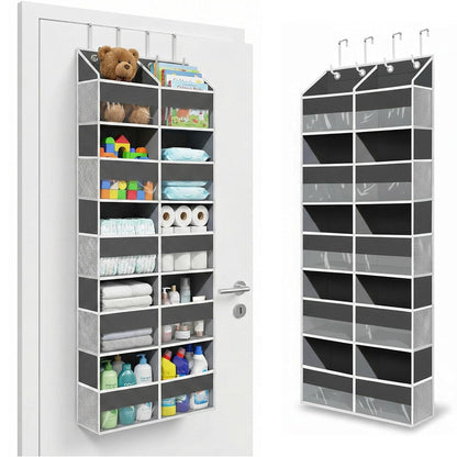 Over the Door Organizer, 10-Pocket Heavy Duty Hanging Storage Bag | 600D Oxford hanging door organizer with 10 front pockets, 10 side mesh pockets, four silicone-padded hooks and 80 lb capacity