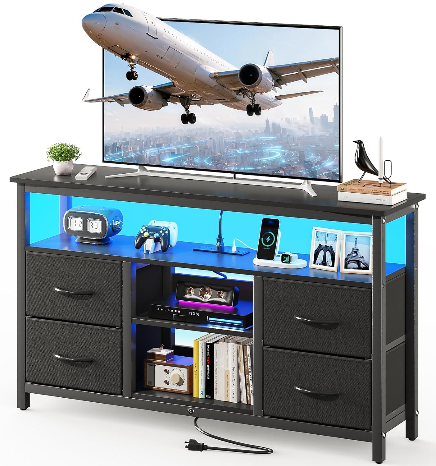 Haewon TV Stand with LED Lights and Power Outlets, for 55 inch TV, Black | Console Table with 4 Fabric Drawers, Open Shelf, 2 USB Ports, Sturdy Metal Frame with Wood Top, Modern Style for Living Room