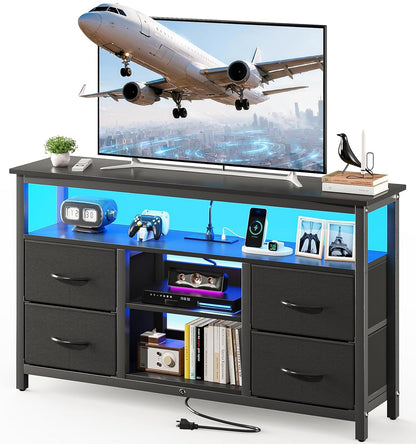 Haewon TV Stand with LED Lights and Power Outlets, for 55 inch TV, Black | Console Table with 4 Fabric Drawers, Open Shelf, 2 USB Ports, Sturdy Metal Frame with Wood Top, Modern Style for Living Room