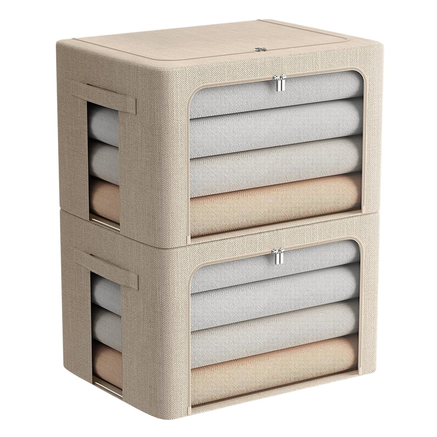 FHSQX 2 Pack Clothes Storage Bins with Metal Frame, Beige, 15.7x11.8x11.7 Inch