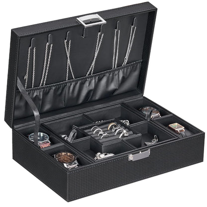 BEWISHOME Mens Jewelry Box Organizer, Jewelry Box for Men Women | with 4 Watch Case Removable Tray, Jewelry Display Storage Case, Carbon Fiber Design Earring Ring Bracelet Case, Black SSH07C