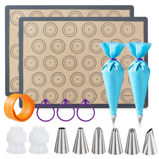 Macaron Silicone Baking Mats Kit (16pcs set) Macaroon Baking Mat Set of 2 Half Sheet Macaron Silicone Mat Nonstick Macaron Mat Sheet,6 Piping Tip,2 Piping Bag with 3 Bag Tie,2 coupler