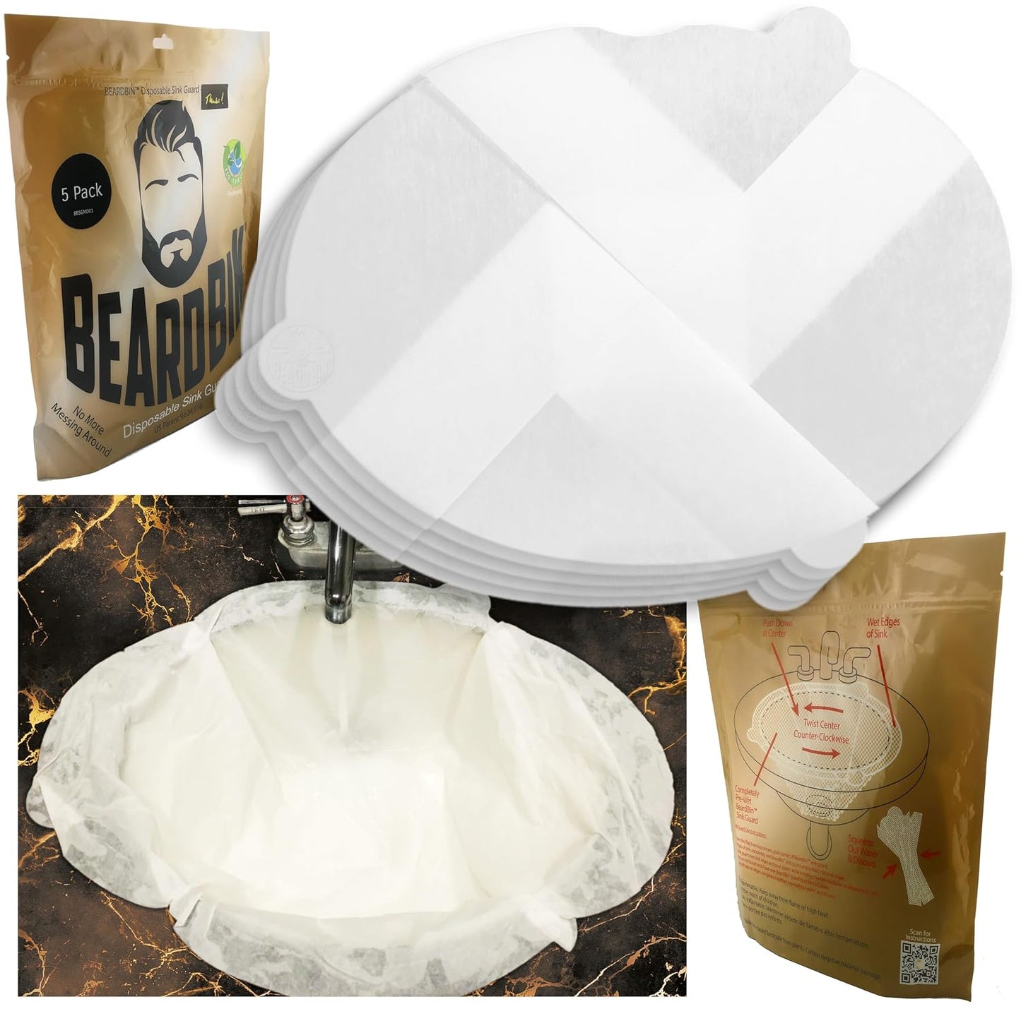 Beard Hair Catcher for Sink - Wet-Strength Shaving Guard, Patented Contour-Molding Sustainable Disposable Trimming Barrier for Mess-Free Grooming, Water Saving & Easy Bathroom Sink Cleanup by BeardBin