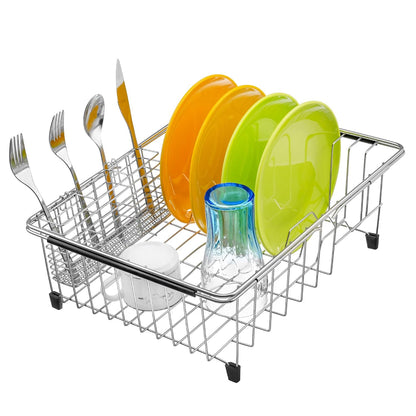 Expandable Dish Drying Rack Over Sink, Rustproof Stainless Steel Basket Shelf, Multifunctional Dish Drainer Organizer with Utensil Cutlery Holder