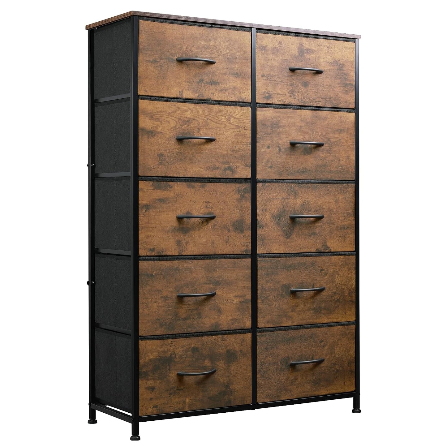 WLIVE Tall Dresser for Bedroom, Rustic Brown Wood Grain Print | 10 Drawers, Fabric Dresser for Closet, Storage Tower with Cabinet, Metal Frame