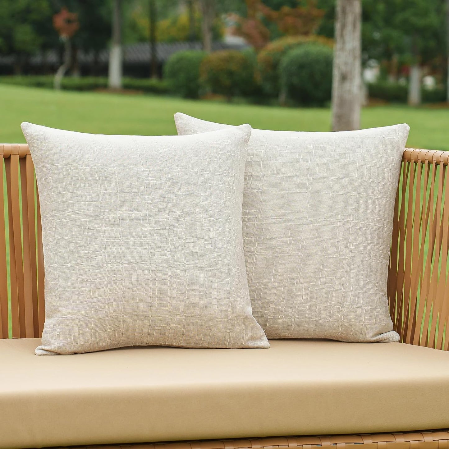 NiNi ALL Outdoor Waterproof Beige Throw Pillow Covers Set of 2 18x18 Inch Faux Linen Texture Decorative Farmhouse Solid Water Resistant Cushion Covers for Tent Patio Garden Couch Sofa