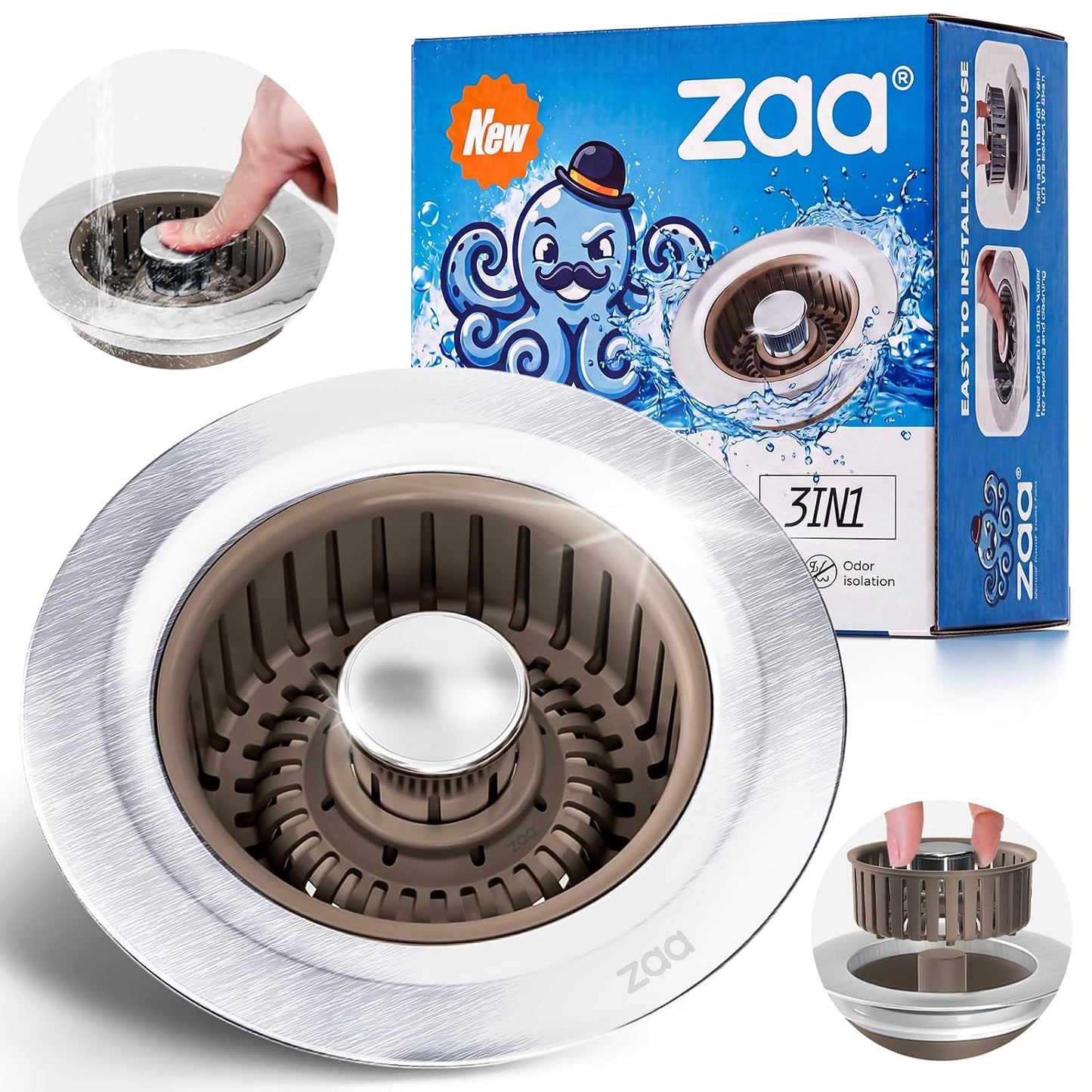 3 in 1 Kitchen Sink Drain Strainer Stopper Removable Basket Pop-Up | Kitchen Sink Accessories 1 Pack Brown Stainless - Food Catcher, Odor-Blocking Seal, Fits 3.5" Drain, Easy Clean
