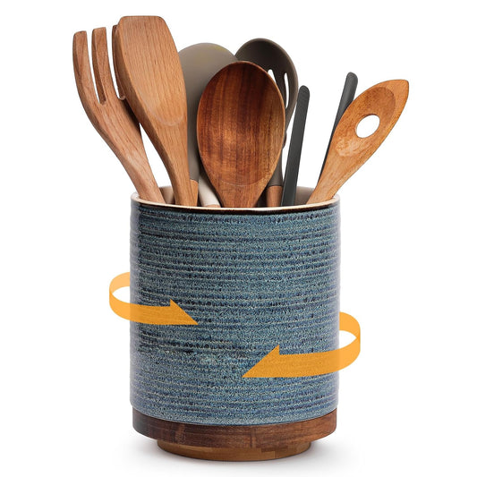 DOWAN 360° Rotating Extra Large Cooking Utensil Holder, 7.6" Kitchen Utensil Holder for Countertop, Utensil Crock for Farmhouse Kitchen Decor, Ceramic Stable Utensil Caddy, Blue