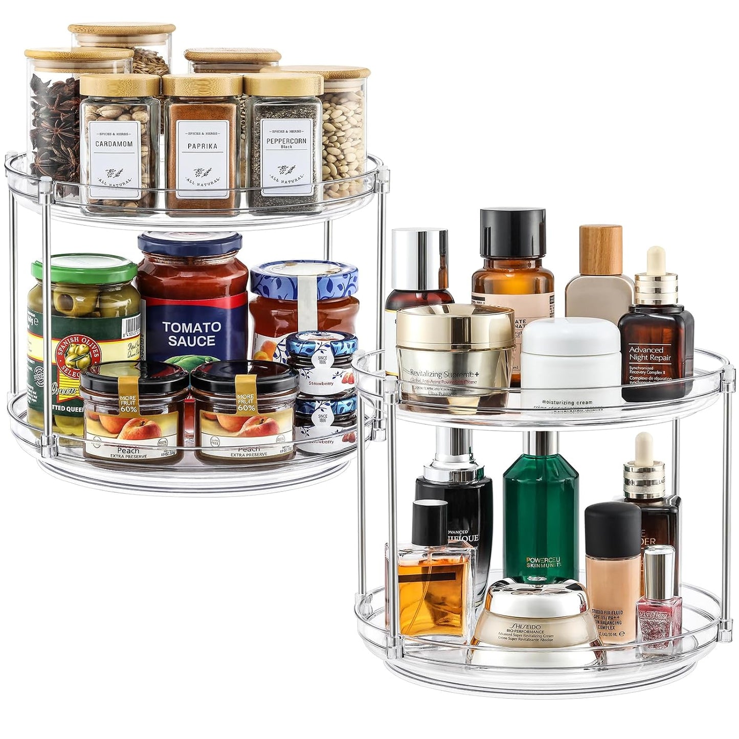 2 SET 2 Tier Non-Skid Acrylic Lazy Susan Organizer - Rotating Spice Rack - Turntable Spinning Organization for Kitchen, Pantry, Countertop, Closet, Bathroom, Vanity, Medicine Cabinet Organizing,9.25''
