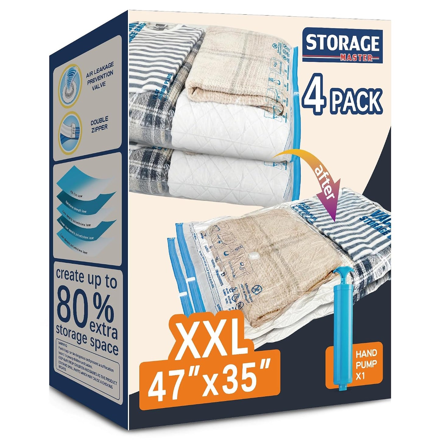 XXL Jumbo Vacuum Storage Bags, for Blanket, Bedding, Comforters | 47''X35'' Extra Large, Save 80% Space, Extra Thick, Clear, 4 pack