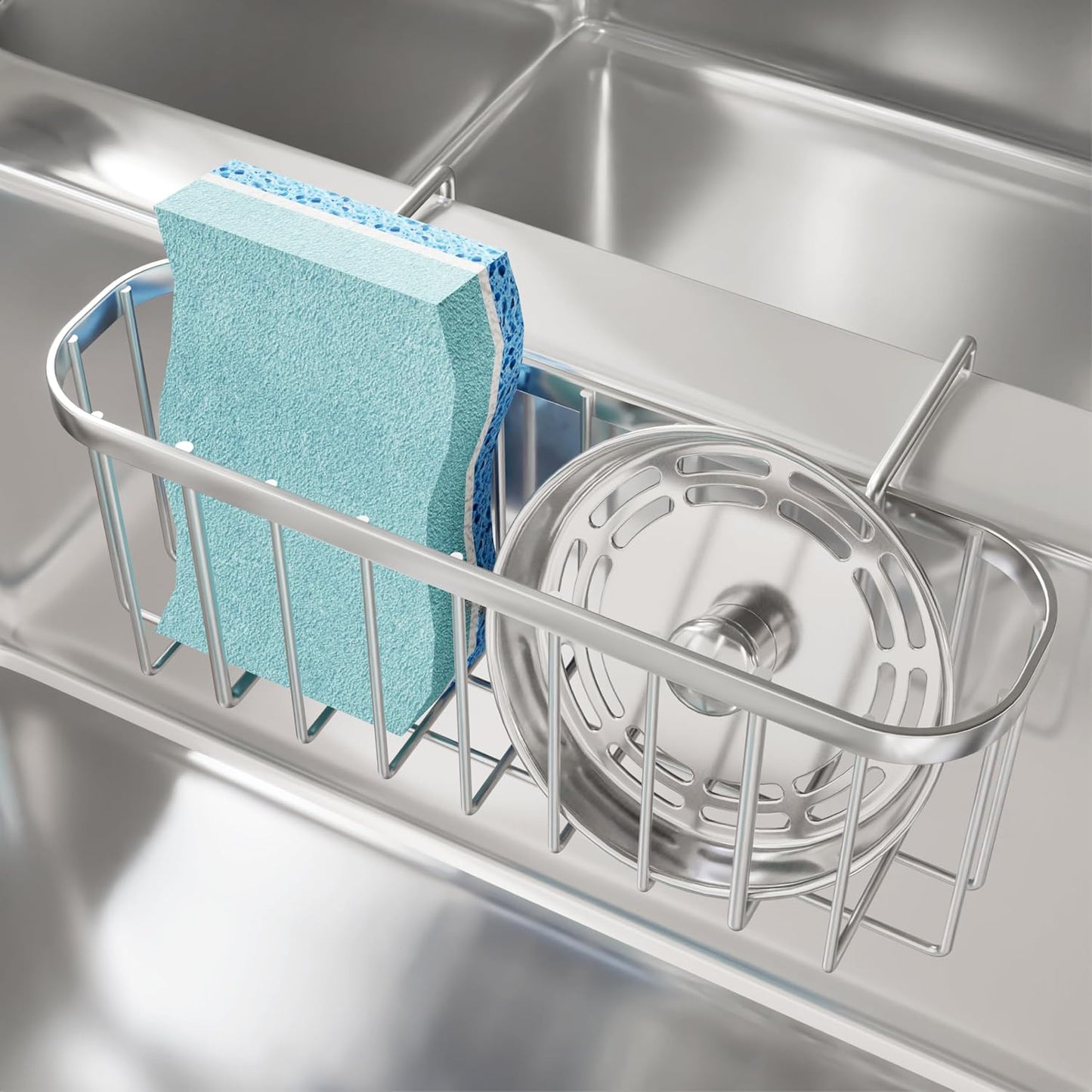 Sponge Holder for Kitchen Sink, Movable Kitchen Sink Caddy with Compact Size Rustproof and Waterproof Hanging Sponge Caddy for Double Bowl Sinks, Silver