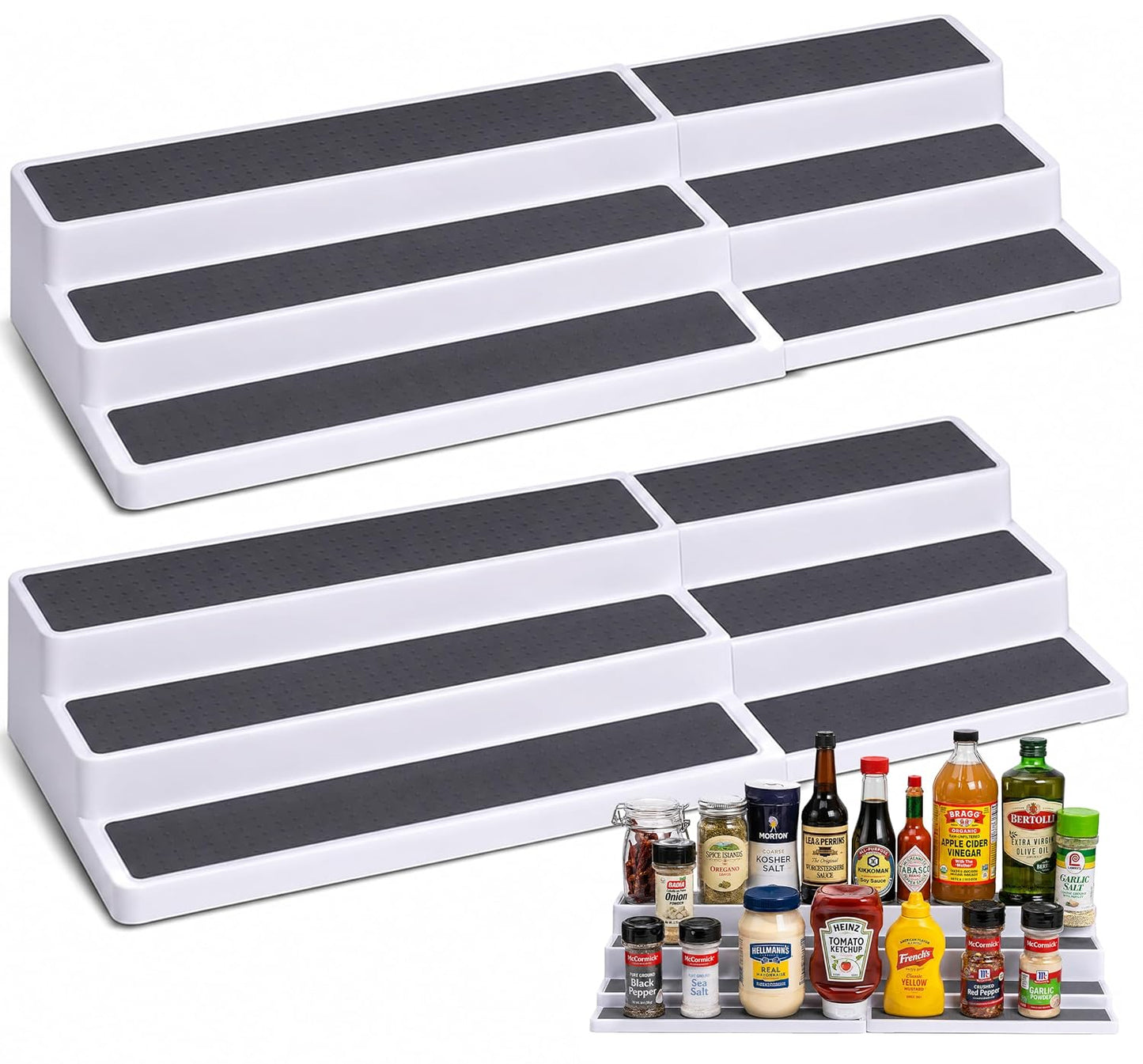 Oizeir Plastic 3-Tier Expandable Spice Rack, Adjustable Length, Stability with Non-Skid Shelf, For Easy Visibility, Organizer for Kitchen Cabinet, Pantry or Countertop, (2-Pack), White/Grey
