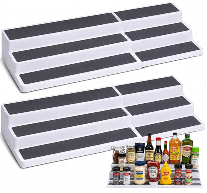 Oizeir Plastic 3-Tier Expandable Spice Rack, Adjustable Length, Stability with Non-Skid Shelf, For Easy Visibility, Organizer for Kitchen Cabinet, Pantry or Countertop, (2-Pack), White/Grey