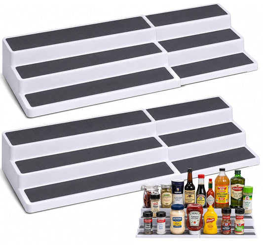 Oizeir Plastic 3-Tier Expandable Spice Rack, Adjustable Length, Stability with Non-Skid Shelf, For Easy Visibility, Organizer for Kitchen Cabinet, Pantry or Countertop, (2-Pack), White/Grey