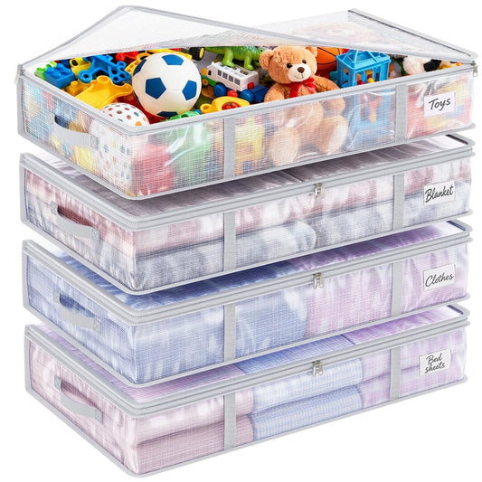 Under Bed Storage Containers 4 Pack 90L Mesh Clear for Blankets Clothes | Waterproof Clear Mesh Fabric, Sturdy Handles, Zippered Closure, for Blankets Clothing Sweaters Pillows Linens and Sheets