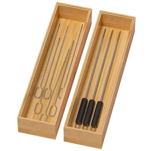 Bamboo Drawer Organizer, Narrow Stackable Cutlery... (2 Count | Yellow | Bamboo)