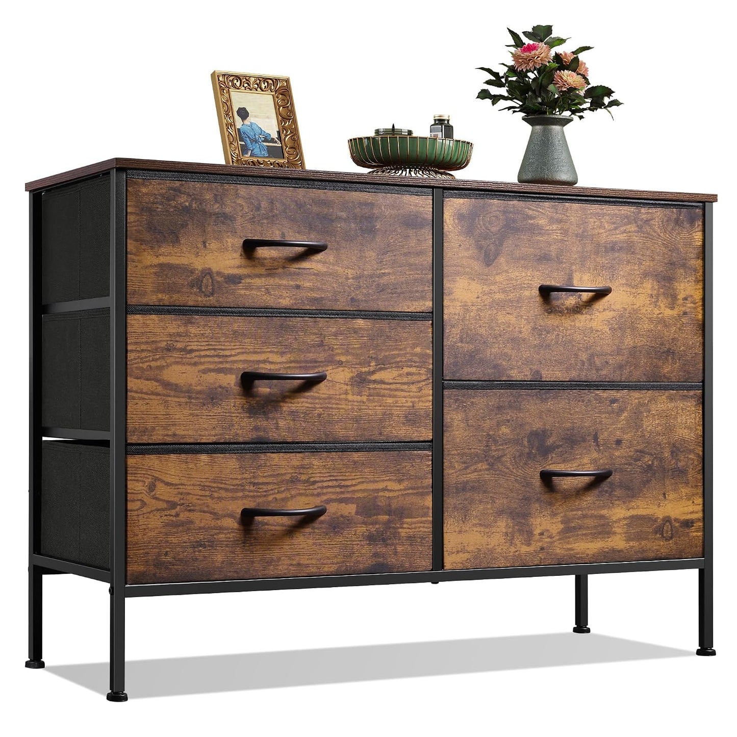 WLIVE 5 Drawer Fabric Dresser for Bedroom, Wide Storage Chest, Rustic Brown | 5-drawer wide fabric dresser with steel frame, multipurpose bedroom living room hallway dorm closet storage organizer