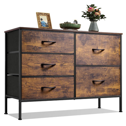WLIVE 5 Drawer Fabric Dresser for Bedroom, Wide Storage Chest, Rustic Brown | 5-drawer wide fabric dresser with steel frame, multipurpose bedroom living room hallway dorm closet storage organizer