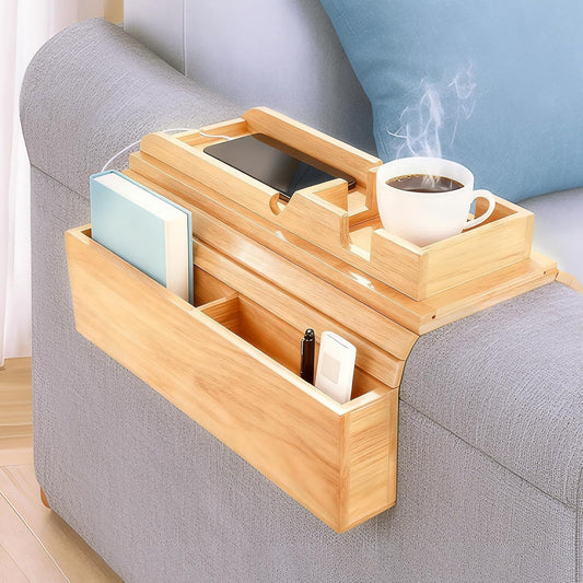 Bamboo Couch Arm Tray Sofa Armrest Tray Cup Holder,2-in-1 Couch Armrest Tray with Slide Detachable Tray,Couch Caddy,Slip Foldable Sofa Table,Phone Stand,Book Holder (Bamboo)