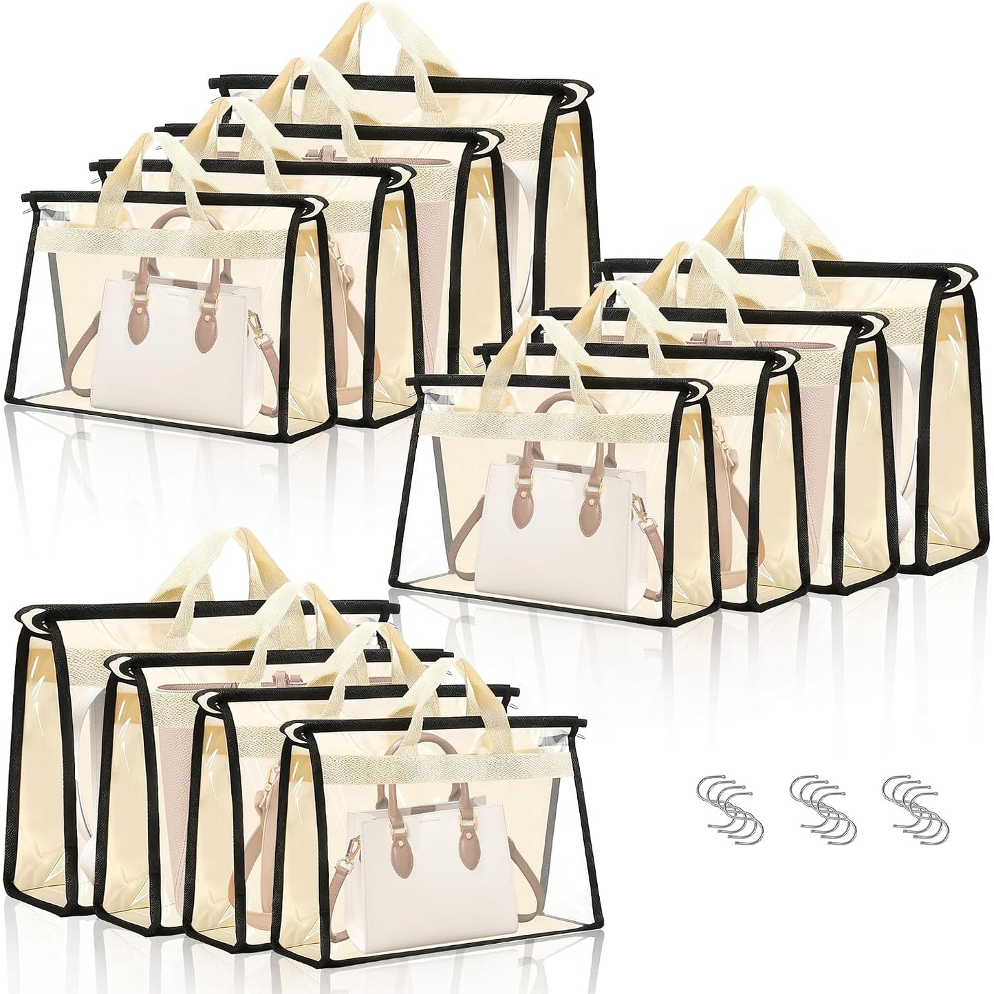 12 Packs Dust Bags for Handbags,4 Sizes Beige Clear Handbag Storage Organizer for Closet, Purse Organizer with Zipper Handle and 12 Pcs Hooks