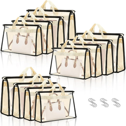 12 Packs Dust Bags for Handbags,4 Sizes Beige Clear Handbag Storage Organizer for Closet, Purse Organizer with Zipper Handle and 12 Pcs Hooks