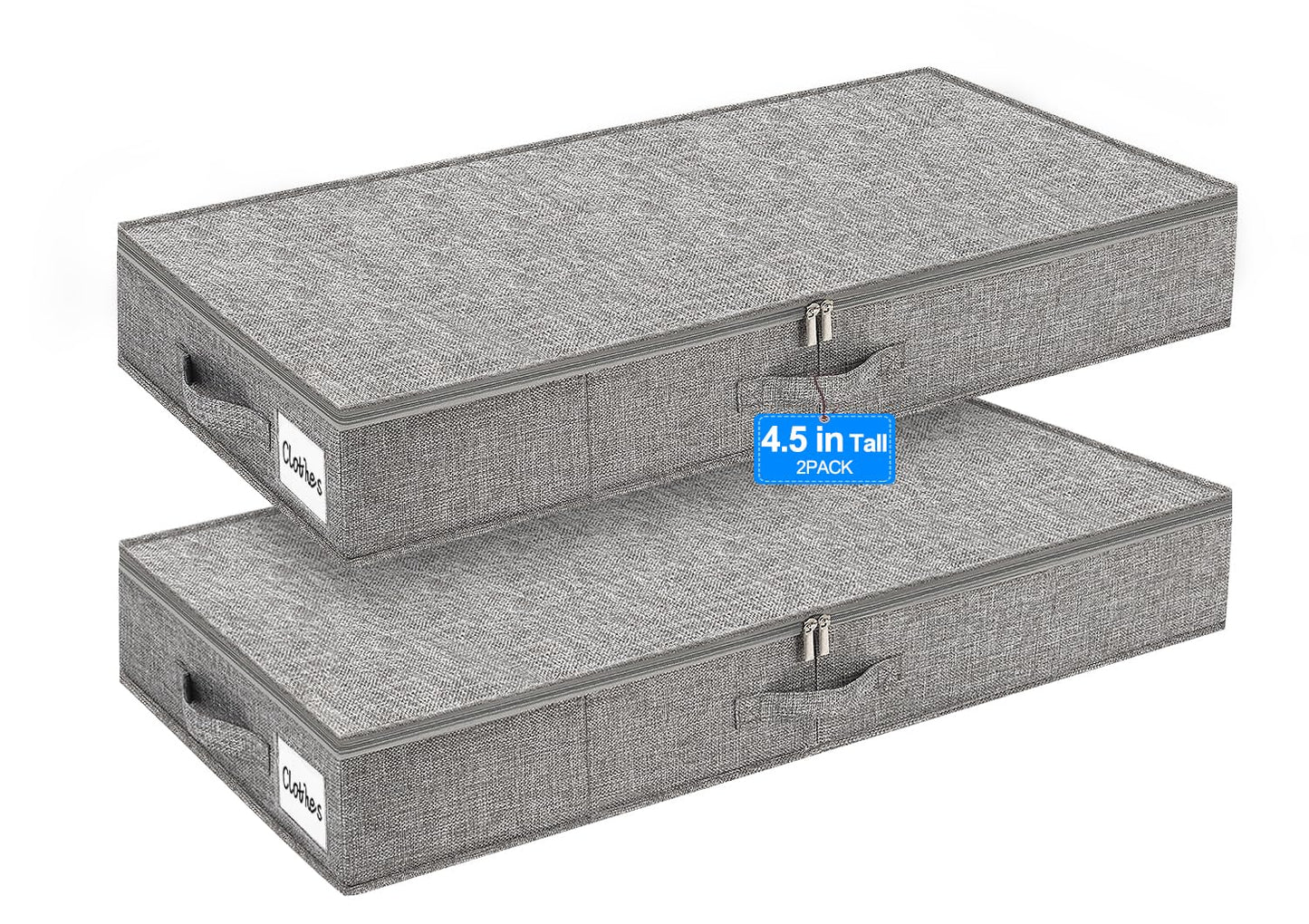 punemi 4.5 in Tall Low Profile Under Bed Storage Containers, 2 Pack, Grey | 40L Structured Clothes Organizer Bin with Reinforced Sides & Bottom, Shallow Design for Clothing & Blankets